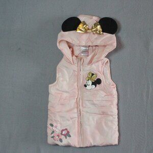 Disney Minnie Mouse Toddler Hooded Puffer Vest Pink Gold Bow Size 3T